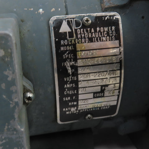 Delta Power 3/4HP Hydraulic Pump Unit 1725RPM 230/460V 3PH W/ Model B2 Pump
