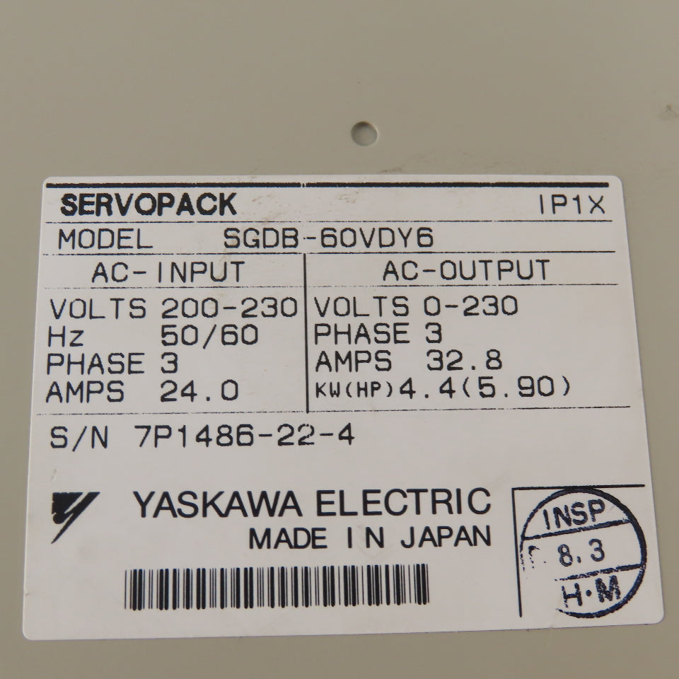 Yaskawa SGDB-60VDY6 Servo Pack 200-230V 3Ph 0-230V Output 4.4kW