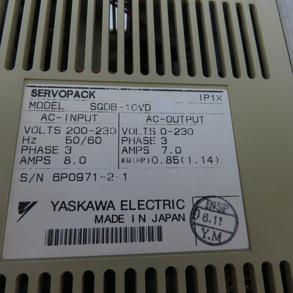 Yaskawa SGDB-10VD Servo Pack 200-230V 3Ph 0-230V Output 0.85kW