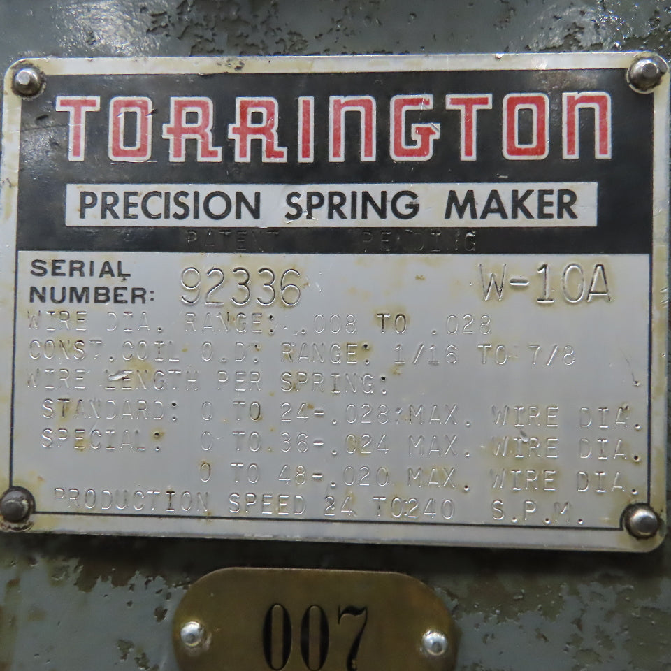 Torrington W-10A .008-.028" Wire Spring Coiler Variable Speed 208-230/460V 3Ph
