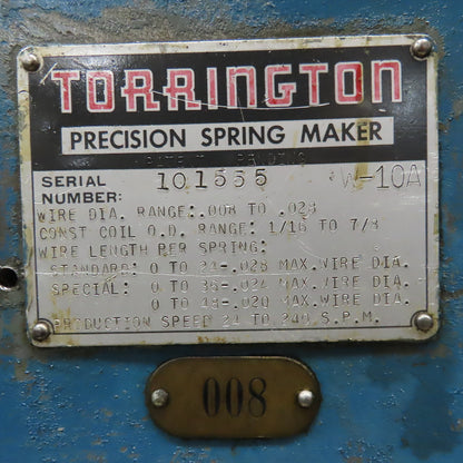 Torrington W-10A .008-.028" Wire Spring Coiler Variable Speed 208-230/460V 3Ph
