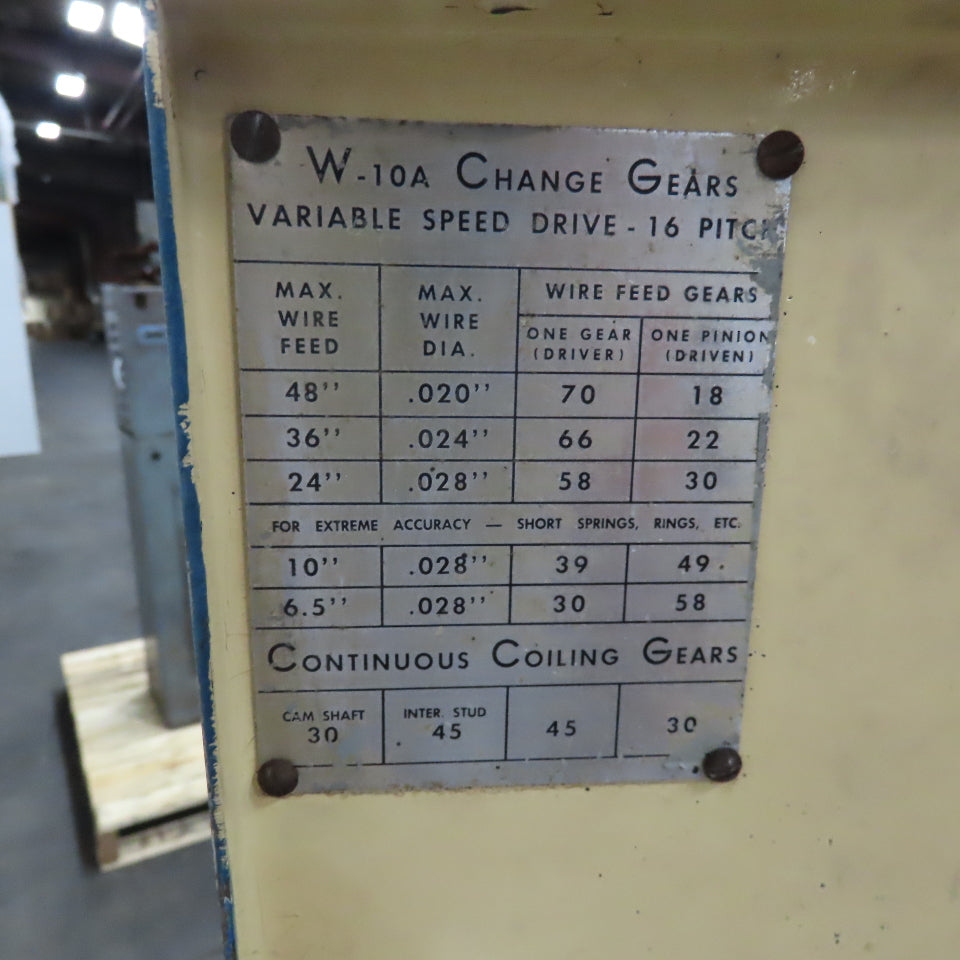 Torrington W-10A .008-.028" Wire Spring Coiler Variable Speed 208-230/460V 3Ph