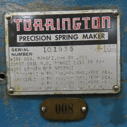 Torrington W-10A .008-.028" Wire Spring Coiler Variable Speed 208-230/460V 3Ph