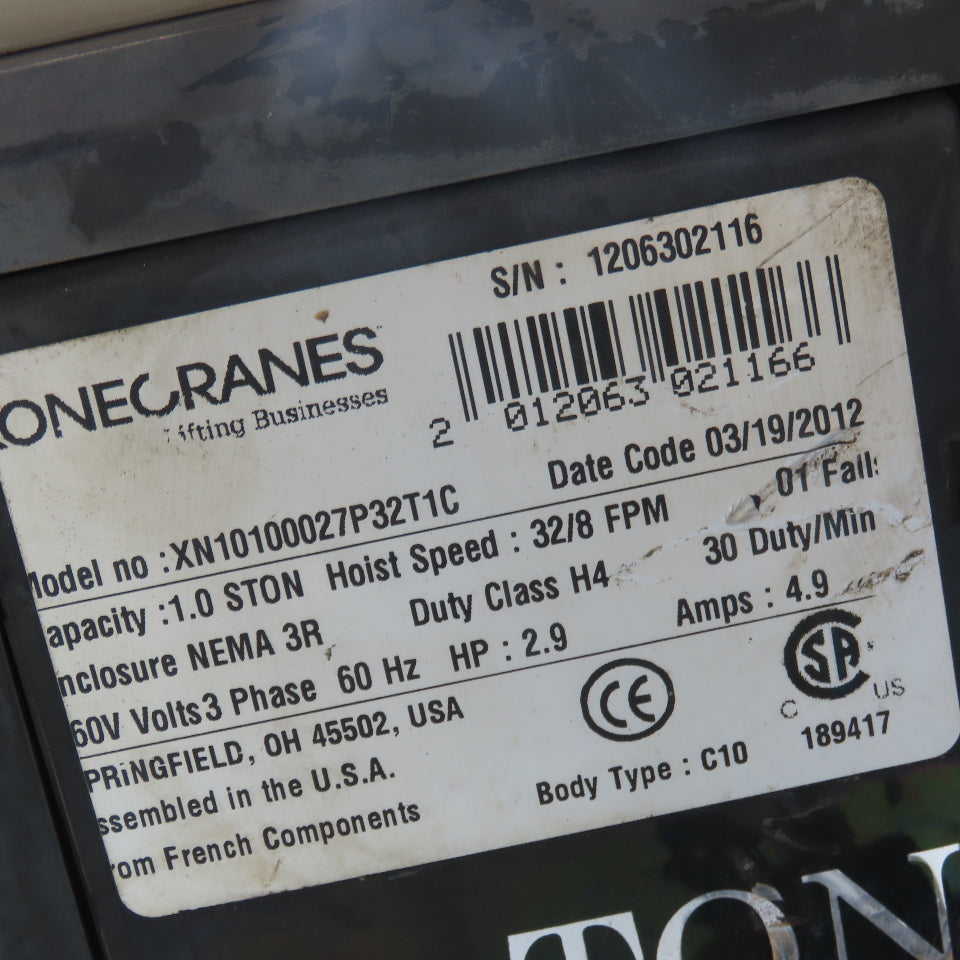 Konecranes XN10100027P32T1C 1/2 Ton Electric Chain Hoist 29' Travel 460V 3Ph