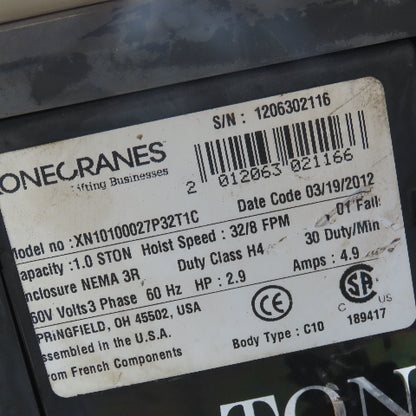 Konecranes XN10100027P32T1C 1/2 Ton Electric Chain Hoist 29' Travel 460V 3Ph