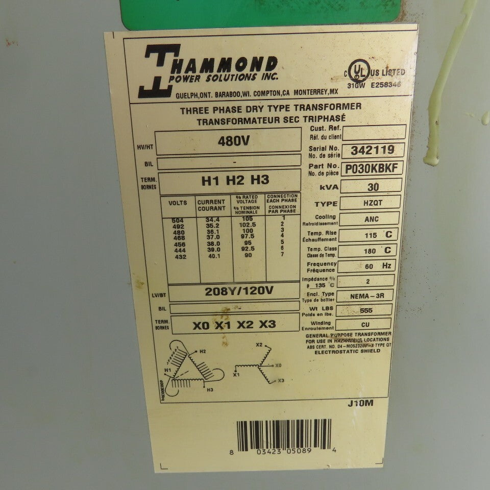 Hammond P030KBKF HZQT 30kVA 3PH Dry Type Transformer Pri. 480V Sec 208/120V