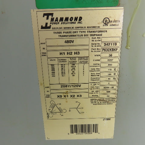 Hammond P030KBKF HZQT 30kVA 3PH Dry Type Transformer Pri. 480V Sec 208/120V