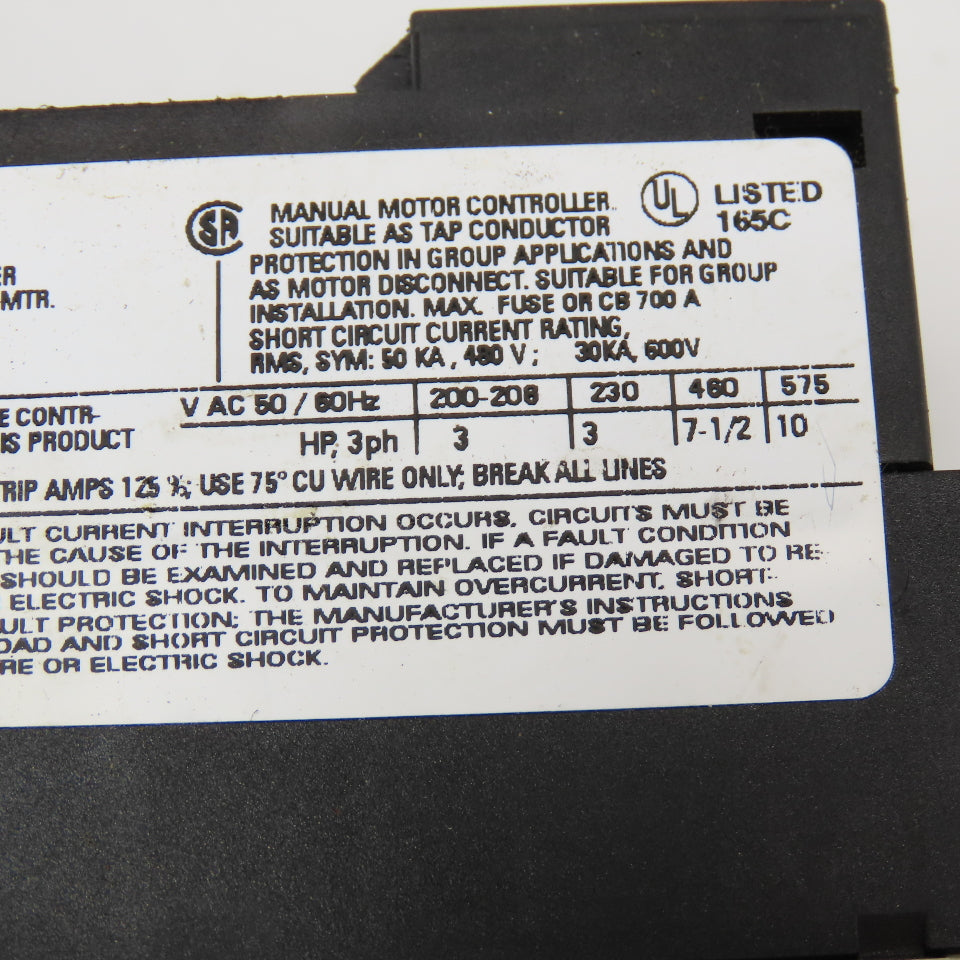 Siemens 3RV1021-1JA10 Manual Motor Starter 600V 10A Adjustable Trip 7-10A