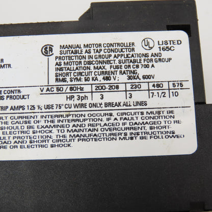 Siemens 3RV1021-1JA10 Manual Motor Starter 600V 10A Adjustable Trip 7-10A