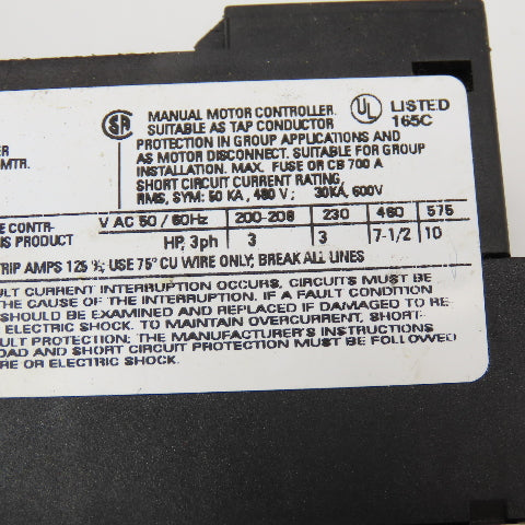 Siemens 3RV1021-1JA10 Manual Motor Starter 600V 10A Adjustable Trip 7-10A