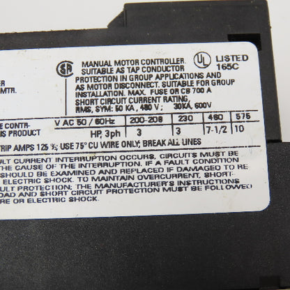 Siemens 3RV1021-1JA10 Manual Motor Starter 600V 10A Adjustable Trip 7-10A