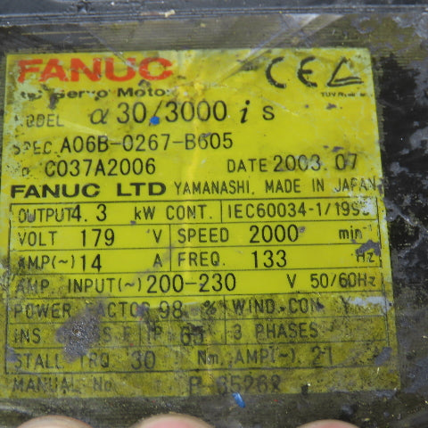 Fanuc A06B-0267-B605 4.3kW 2000RPM 179V AC Servo Brake Motor W/ Pulsecoder