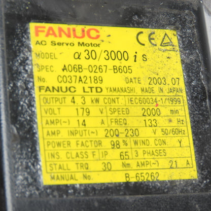Fanuc A06B-0267-B605 4.3kW 2000RPM 179V AC Servo Brake Motor W/ Pulsecoder