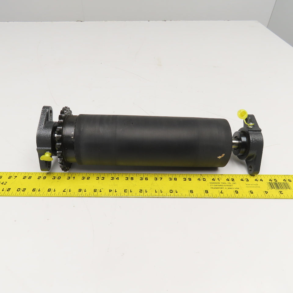 3-7/16" OD Lagged Crowned Conveyor Belt Drum #40 Chain Drive Roller 14-3/4" OAL