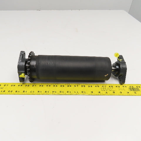 3-7/16" OD Lagged Crowned Conveyor Belt Drum #40 Chain Drive Roller 14-3/4" OAL