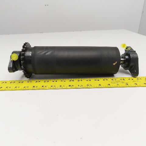 3-7/16" OD Lagged Crowned Conveyor Belt Drum #40 Chain Drive Roller 14-3/4" OAL
