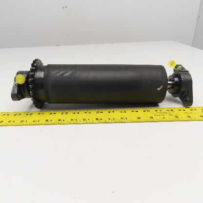 3-7/16" OD Lagged Crowned Conveyor Belt Drum #40 Chain Drive Roller 14-3/4" OAL