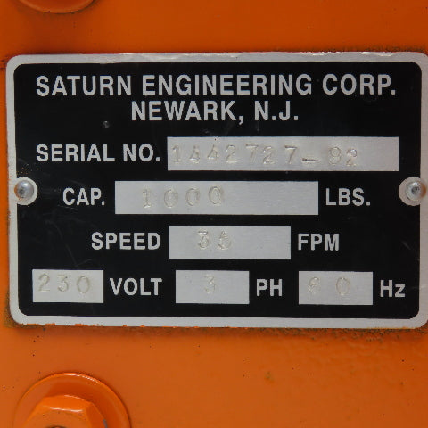 Saturn Engineering 1000Lbs Capacity Monorail Drive Tractor 208-460V 3Ph 19FPM