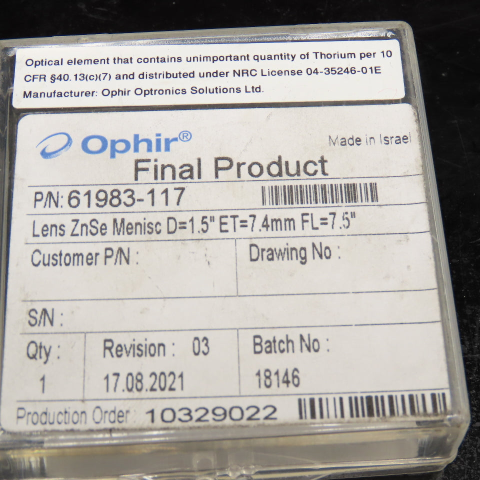 Ophir 61983-117 Lens ZnSe Menisc D=1.5 ET=7.4mm FL=7.5"LA