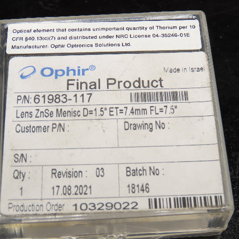 Ophir 61983-117 Lens ZnSe Menisc D=1.5 ET=7.4mm FL=7.5"LA