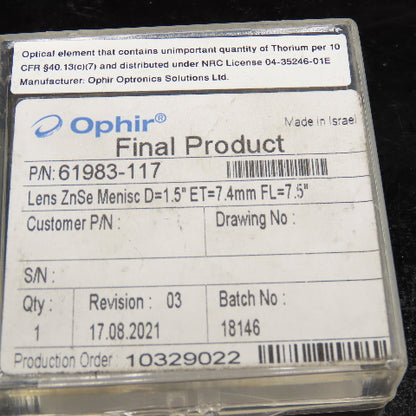 Ophir 61983-117 Lens ZnSe Menisc D=1.5 ET=7.4mm FL=7.5"LA