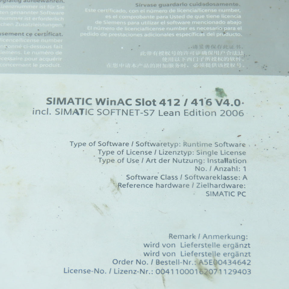 Siemens Simatic WinAC Slot 412 / 416 V4.0 W/ Softinet-S7 Runtime Software