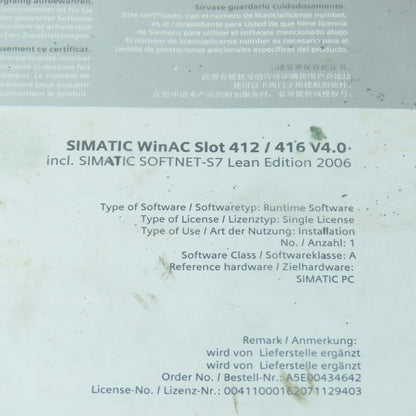 Siemens Simatic WinAC Slot 412 / 416 V4.0 W/ Softinet-S7 Runtime Software