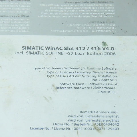 Siemens Simatic WinAC Slot 412 / 416 V4.0 W/ Softinet-S7 Runtime Software