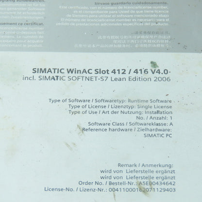Siemens Simatic WinAC Slot 412 / 416 V4.0 W/ Softinet-S7 Runtime Software