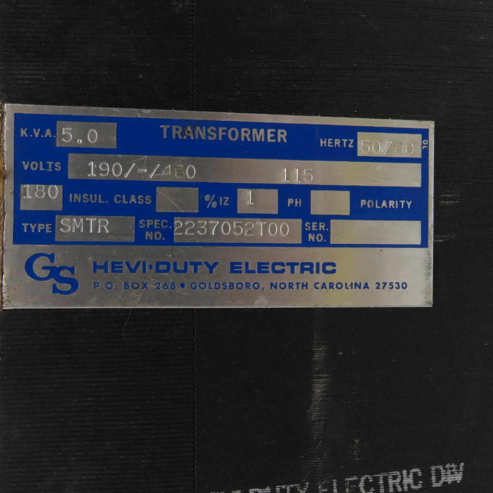Hevi Duty 2237052T00 SMTR 190-460V Pri 5.0kVa 115V Sec 1Ph 50/60Hz Transformer