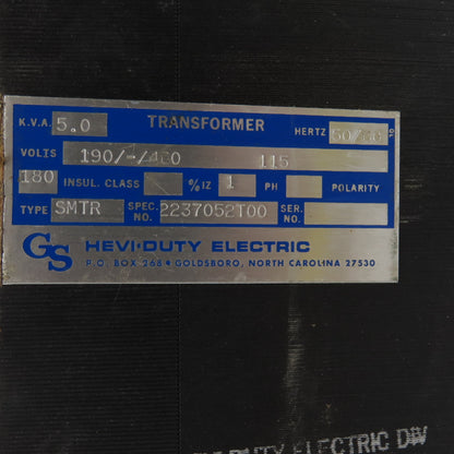 Hevi Duty 2237052T00 SMTR 190-460V Pri 5.0kVa 115V Sec 1Ph 50/60Hz Transformer