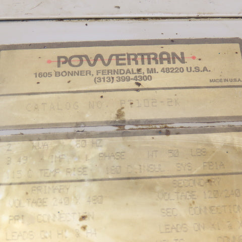 Powertran PT102-2K 240/480V Pri 2kVa 120/240V Sec 1Ph Transformer