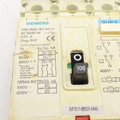 Siemens 3VF3111-6BS31-0AA0 100A 600V 3 Pole Circuit Breaker