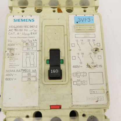 Siemens 3VF3 160A 600V 3 Pole Circuit Breaker