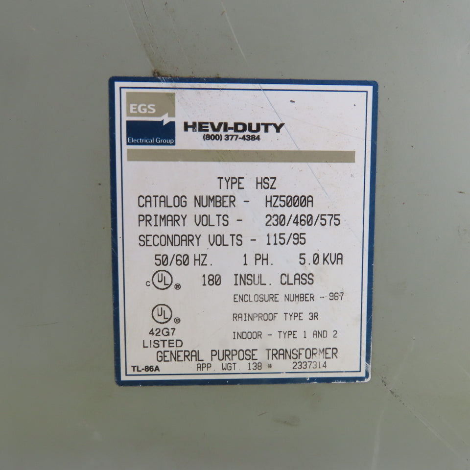 Hevi-Duty HZ5000A HSZ 5kVA Single Phase Transformer HV 230/460/575 LV 115/95