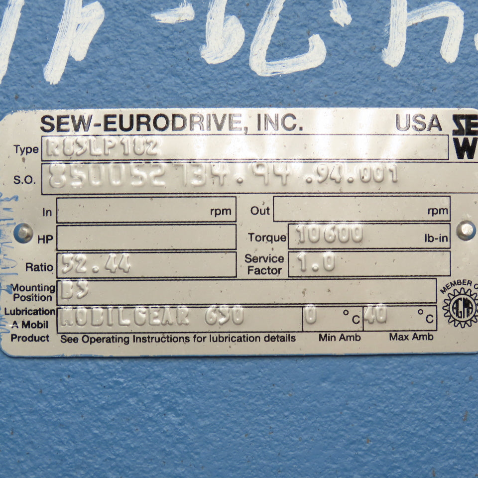 Sew Eurodrive R83LP182 52.44:1 Ratio Gear Reducer 33.4RPM 10,600Lb-in