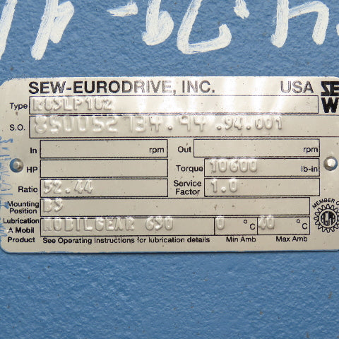 Sew Eurodrive R83LP182 52.44:1 Ratio Gear Reducer 33.4RPM 10,600Lb-in