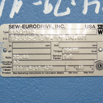 Sew Eurodrive R83LP182 52.44:1 Ratio Gear Reducer 33.4RPM 10,600Lb-in