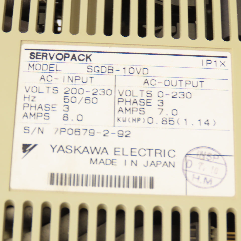 Yaskawa SGD-10VD Servo Pack 200-230V 3Ph 0-230V Output 0.85k