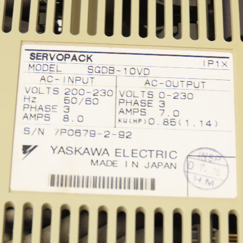 Yaskawa SGD-10VD Servo Pack 200-230V 3Ph 0-230V Output 0.85k