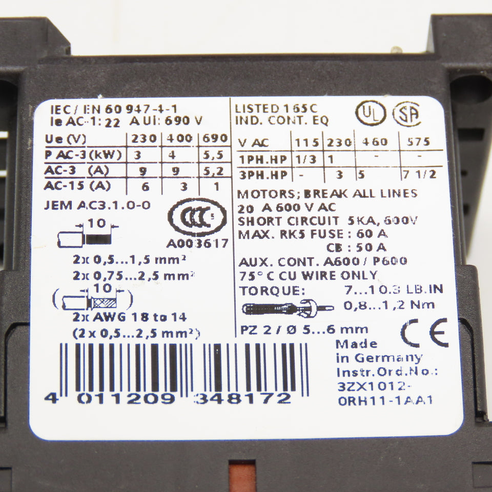 Siemens 3RT1016-1AK61 600V 7-1/2Hp 3Ph Max Contactor 110/120V Coil