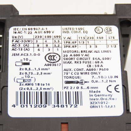 Siemens 3RT1016-1AK61 600V 7-1/2Hp 3Ph Max Contactor 110/120V Coil