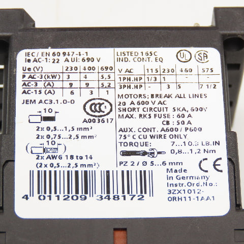 Siemens 3RT1016-1AK61 600V 7-1/2Hp 3Ph Max Contactor 110/120V Coil