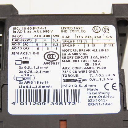Siemens 3RT1016-1AK61 600V 7-1/2Hp 3Ph Max Contactor 110/120V Coil