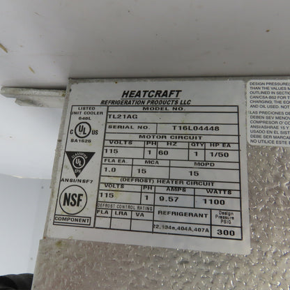 Heatcraft TL21AG Thin Profile Electric Defrost Unit Cooler 115V (No Fan)