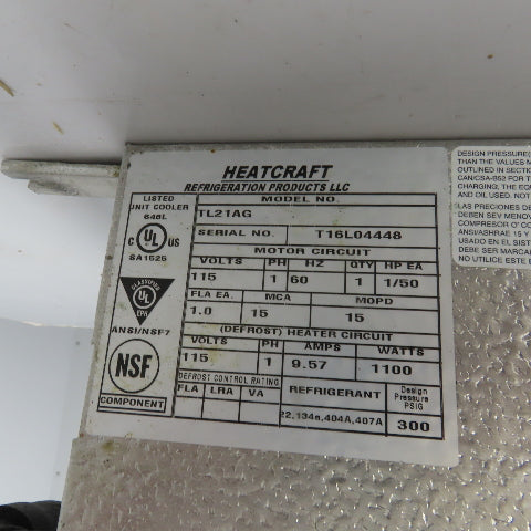 Heatcraft TL21AG Thin Profile Electric Defrost Unit Cooler 115V (No Fan)
