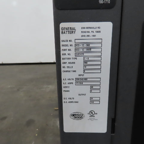 General SC3-12-960 24V 144A Forklift Battery Charger 12-Cell 240/480V 3PH 960AH