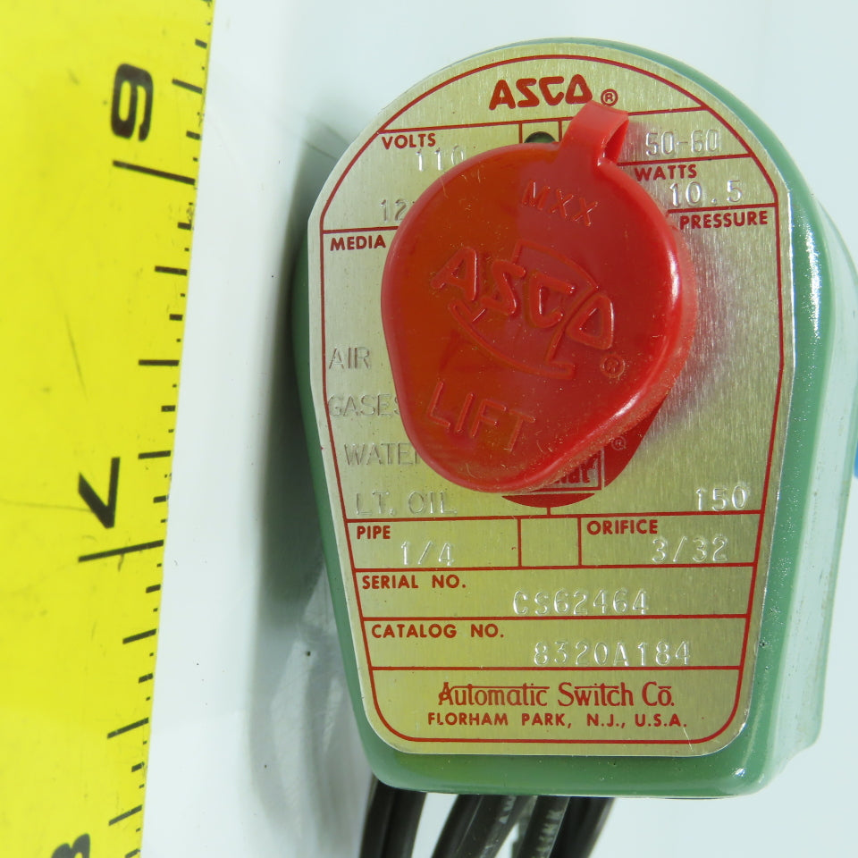 Asco 8320A184 Air, Gas, Water Solenoid Valve 120V 10.5W 1/4" NPT 150PSI 3-Way