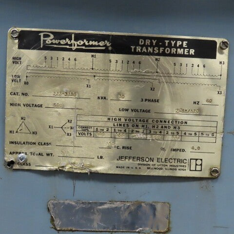 Jefferson Electric 223-3199 600V Pri 30kVa 208/120V Sec 3Ph Transformer