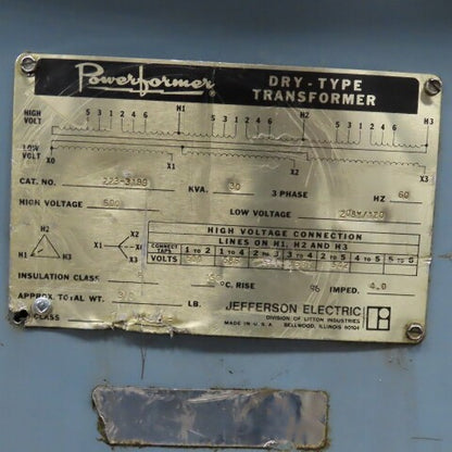 Jefferson Electric 223-3199 600V Pri 30kVa 208/120V Sec 3Ph Transformer